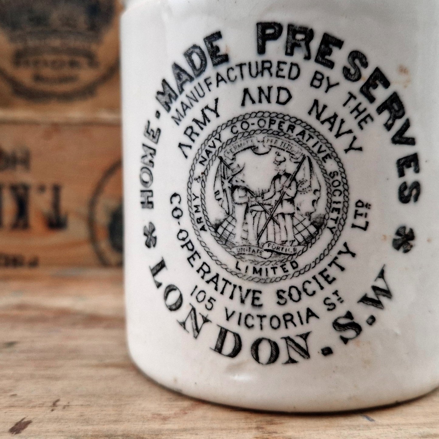 Antique pot “Made Preserves - Army and Navy, London SW”