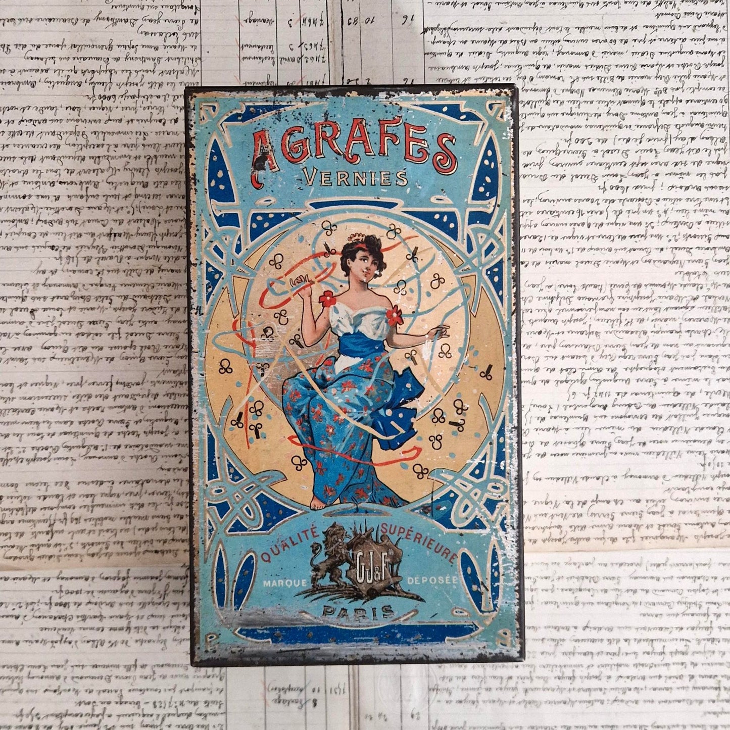 Rare large "GJ&F" staple box, circa 1900