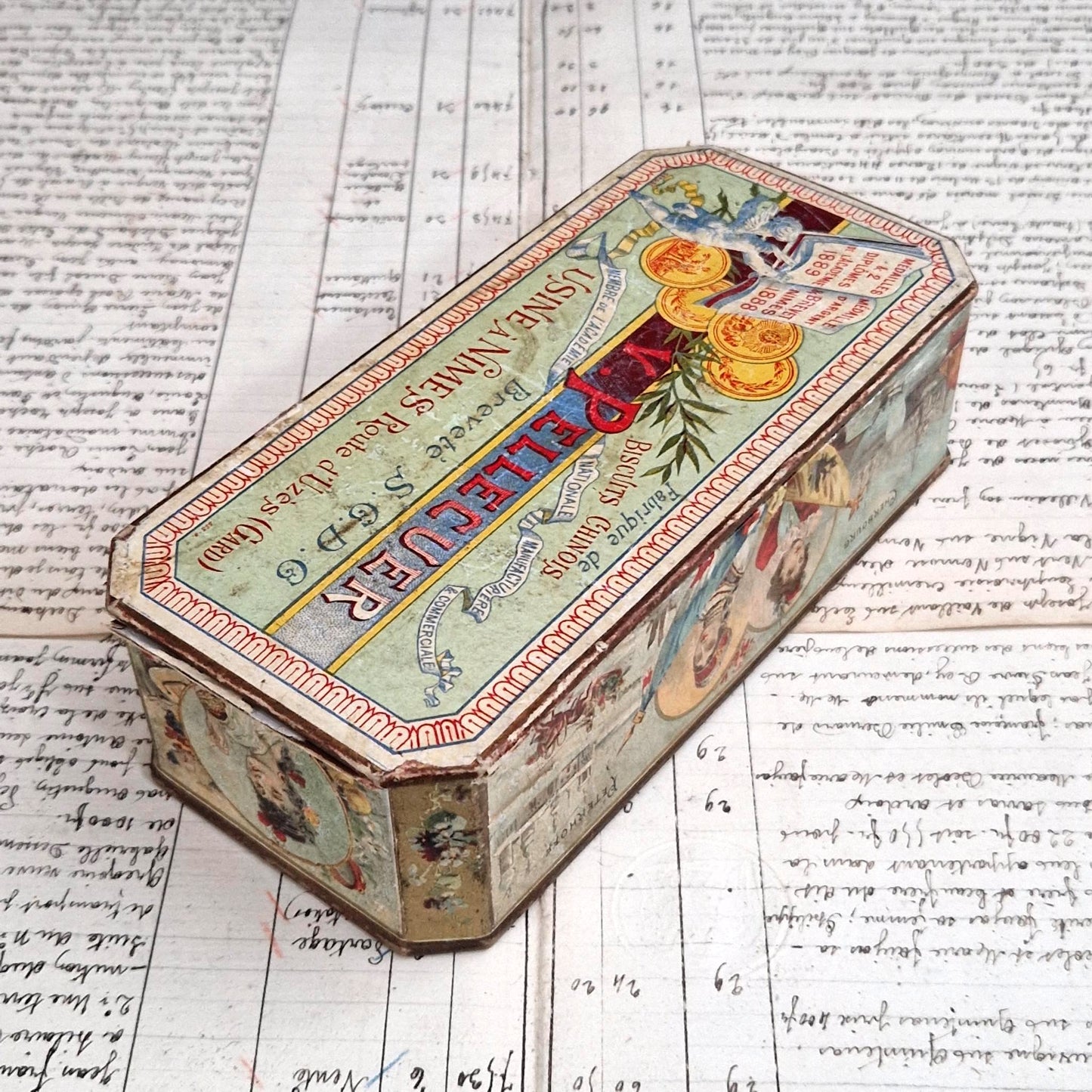 Rare advertising tin "Chinese Biscuits - V. Pellecuer", Circa 1900