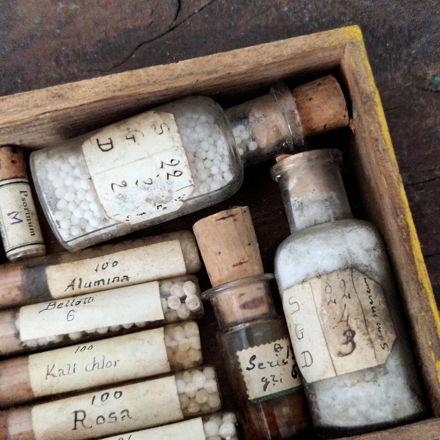 Antique box of pharmacy vials and tubes (c2)