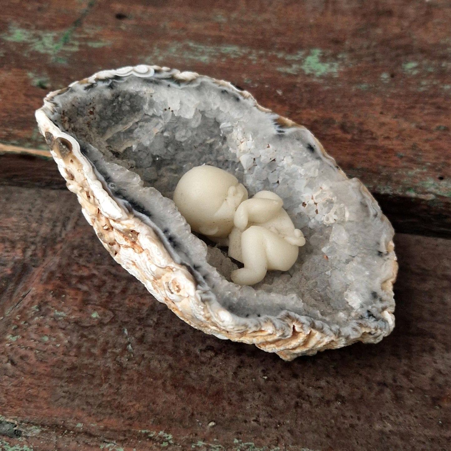 Ancient geode with wax fetus - Circa 1950