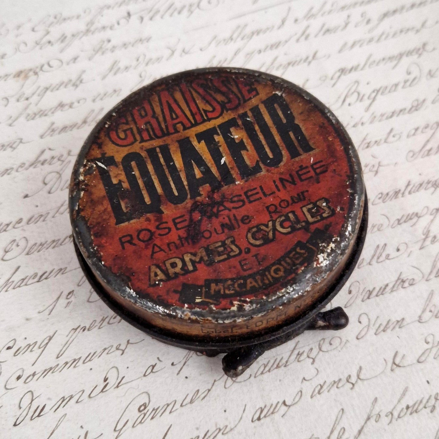 Boîte de graisse ancienne « Équateur » pour armes, cycles