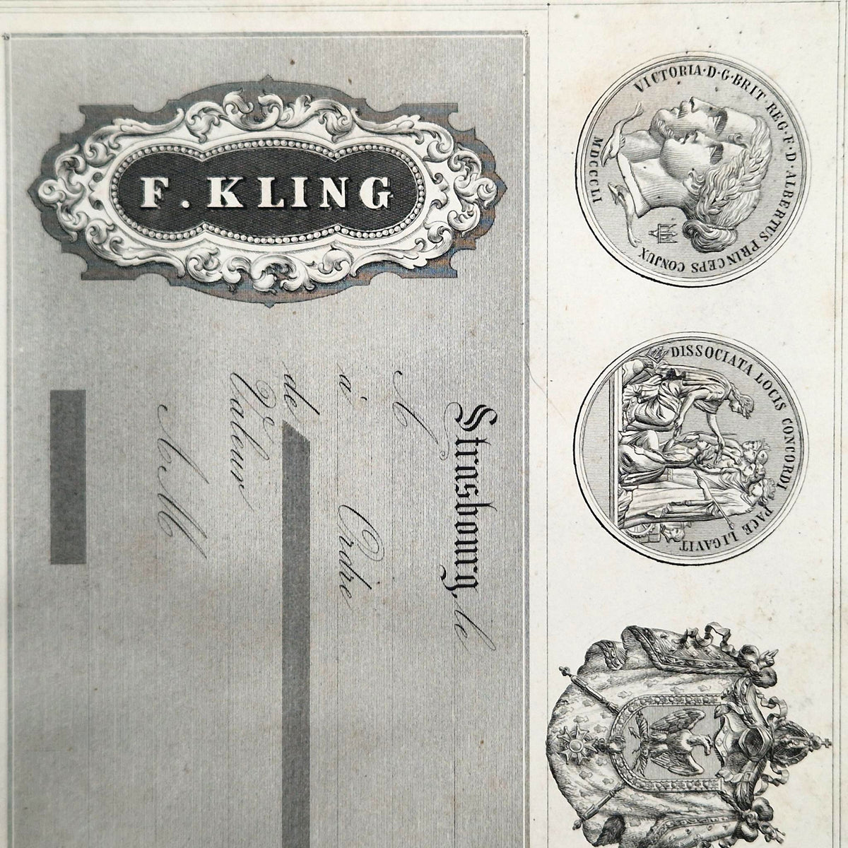 Modèle de billet à ordre et de médaillons « F. Kling » – XIXe