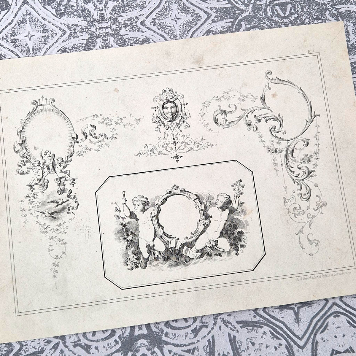 3 lithographies de modèles « Putti et cartouches » - XIXe