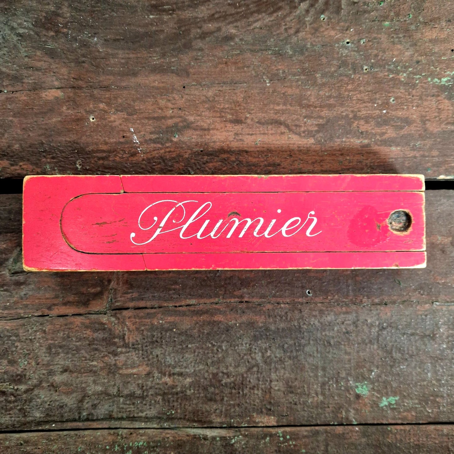 ancien plumier en bois rouge et blanc