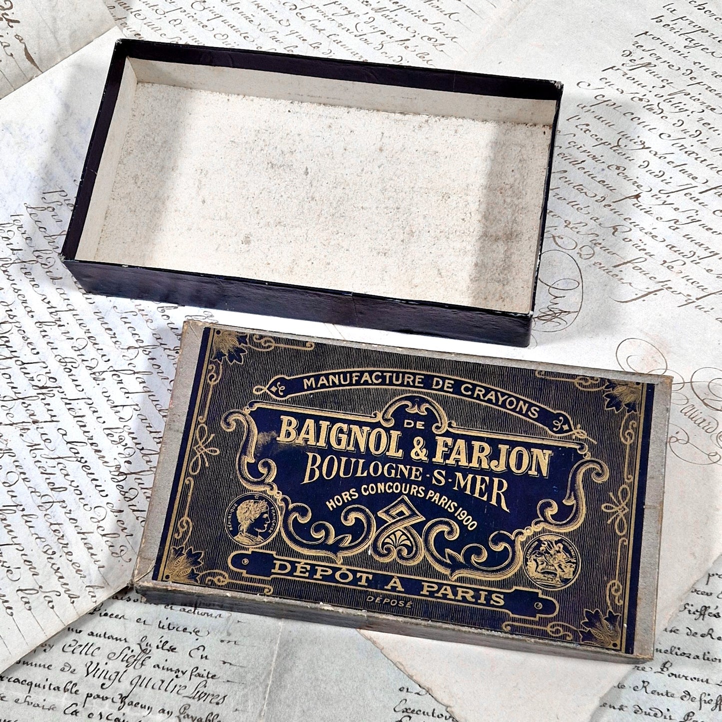 antique pencil box baignol farjon blue gold