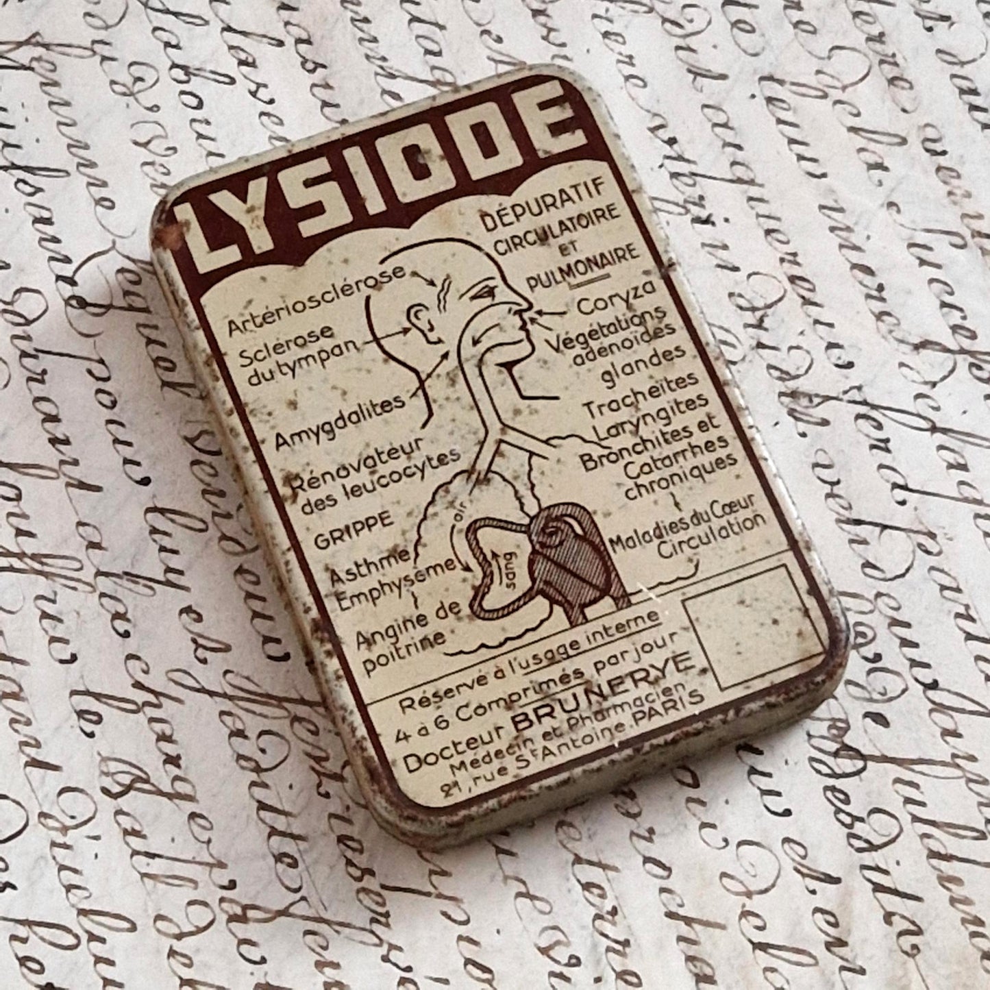 Rare Boîte pharmaceutique « Lysiode », schémas anatomiques