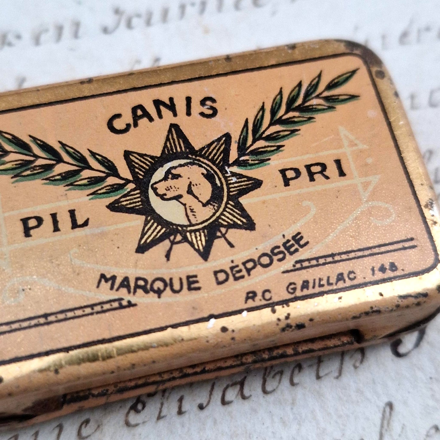 Mini boite en tôle lithographiée « Pilules canines », Vers 1900