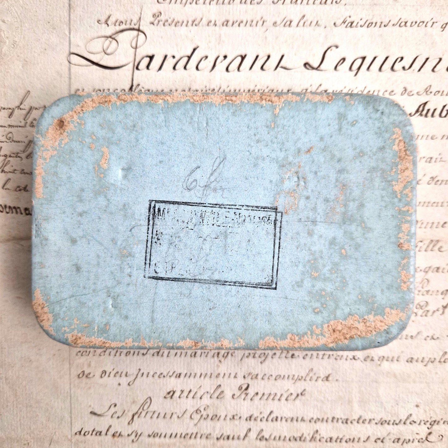 vintage french baptism box ornate script