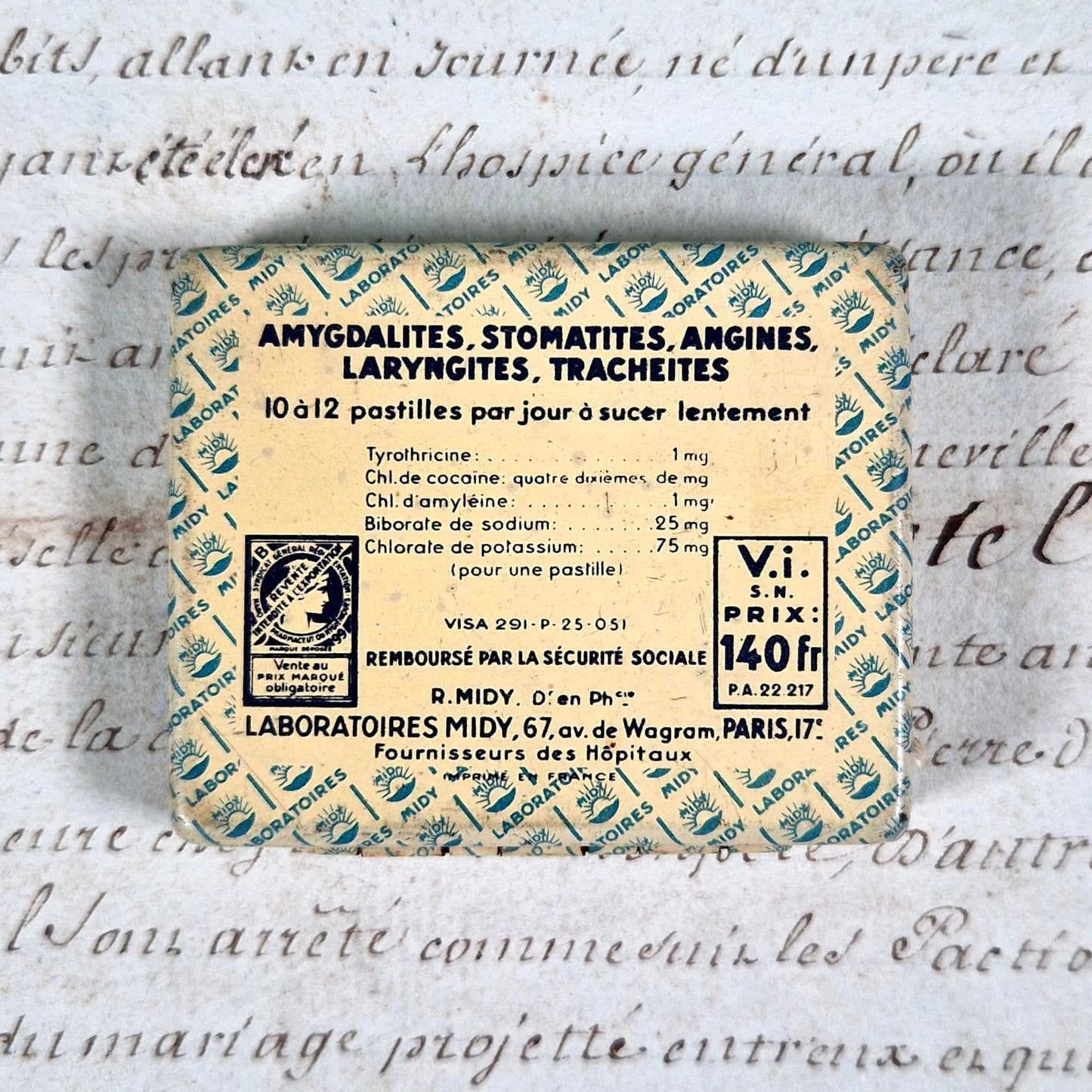 vintage tin box cocaine tyrothricine midy