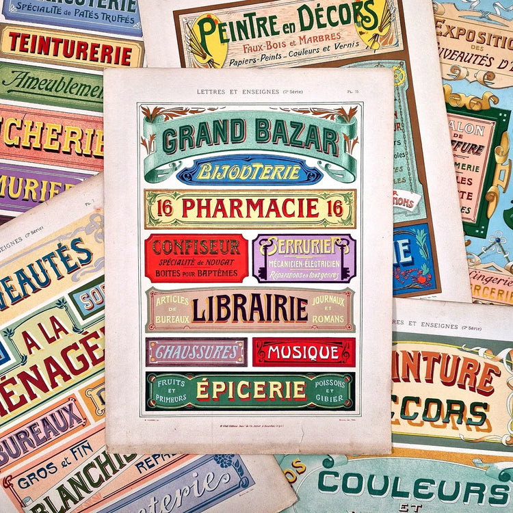 Lettres et enseignes, anciens recueil et planches lithographies