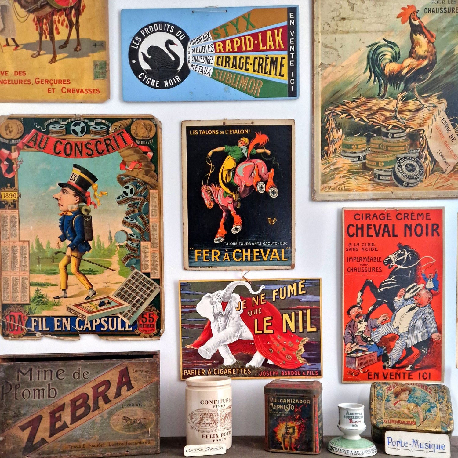 plaques émaillées, toles et anciens cartons publicitaires