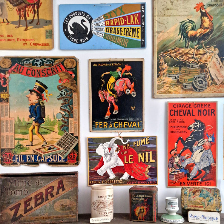 plaques émaillées, toles et anciens cartons publicitaires