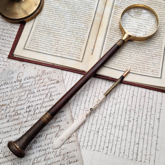 Large turned wood and brass reading magnifying glass
