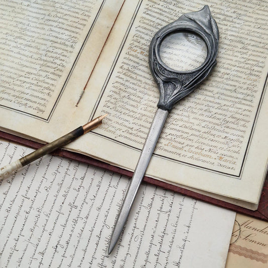 Art Nouveau pewter letter opener and magnifying glass