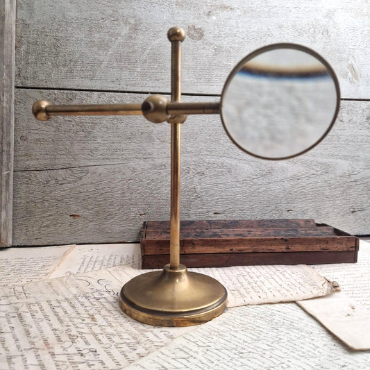 Adjustable brass reading magnifying glass on stand, Circa 1900