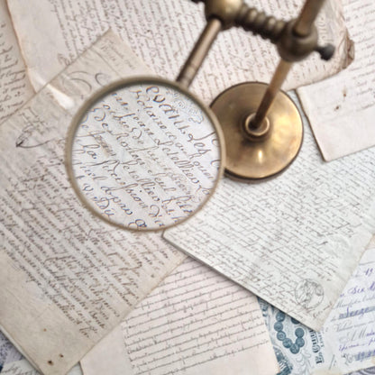 Adjustable brass reading magnifying glass on stand, Circa 1900
