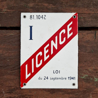 Plaque émaillée "Licence I - Loi du 24 septembre 1941"