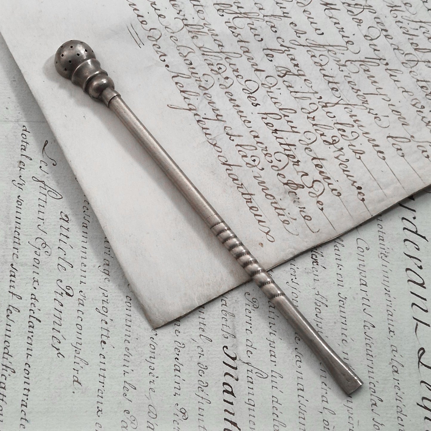 Cuillère-paille à thé ancienne en argent, XIXe siècle
