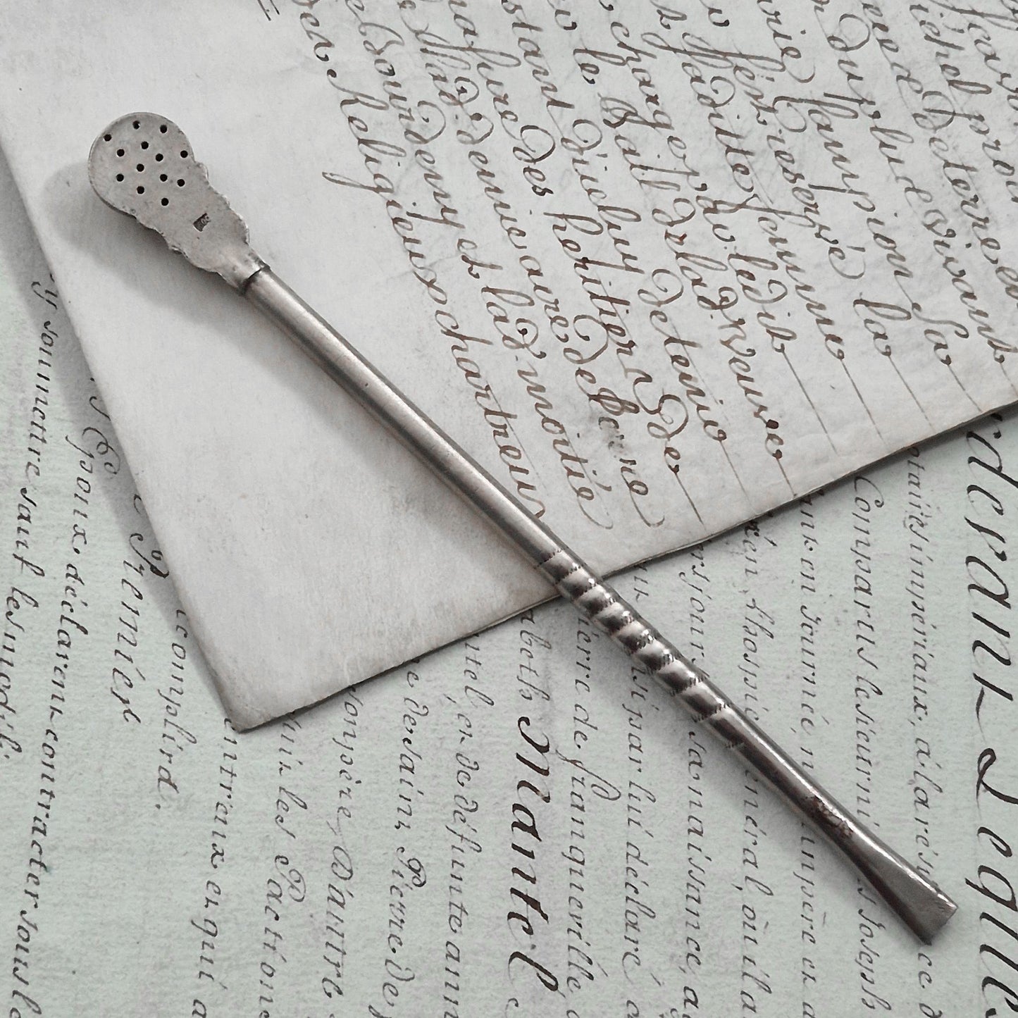 Cuillère-paille à thé ancienne en argent, XIXe siècle