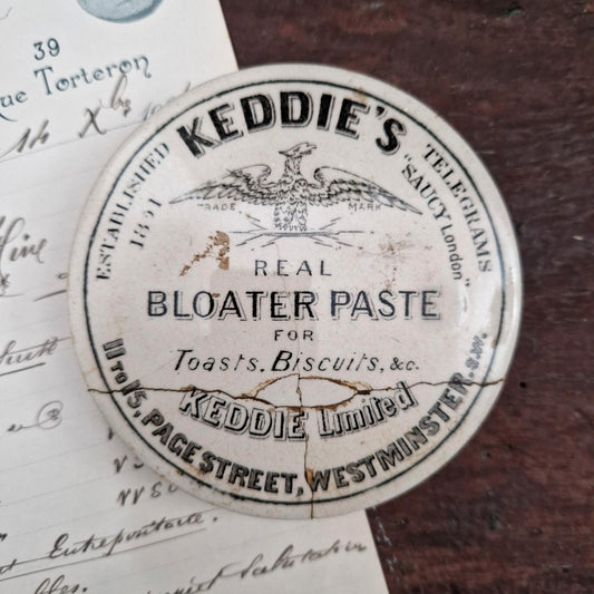 Vintage advertising lid for "Keddie's – Real Bloater Paste"