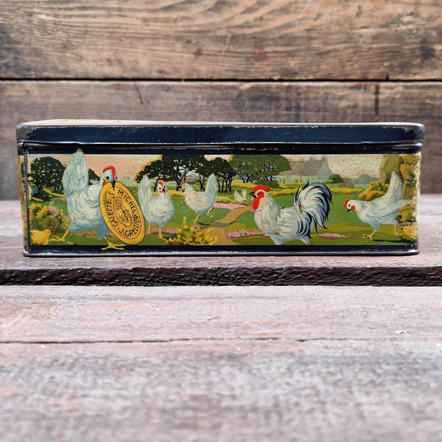 Lithographed tin box "Galettes Saint Michel, J Grellier"