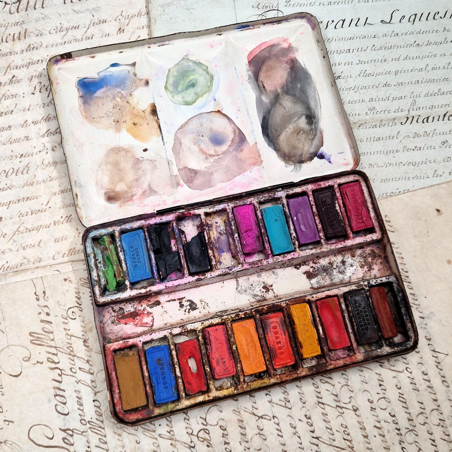Antique, sturdy metal watercolor box