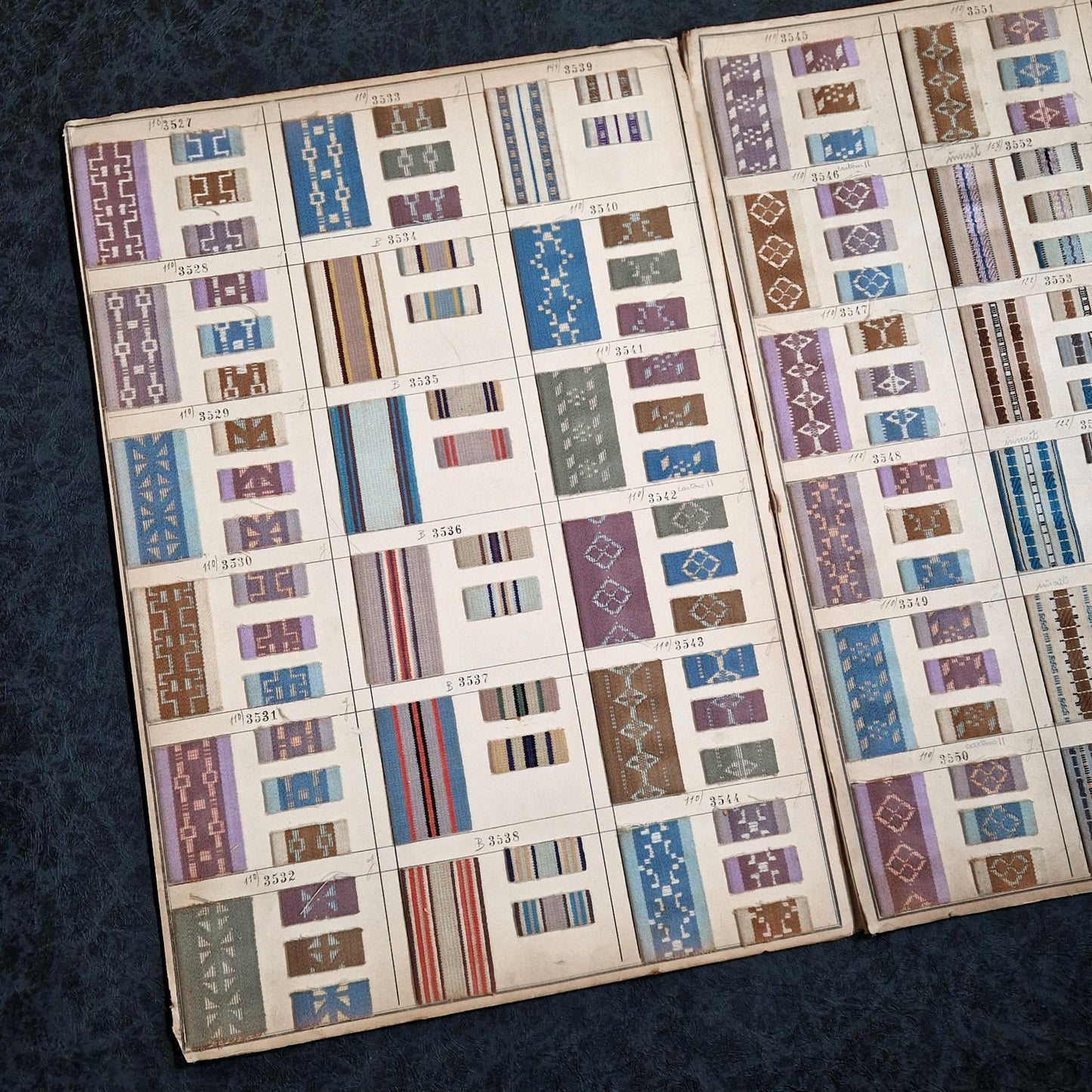 Ancien nuancier textile - 4 pages, motifs géométriques
