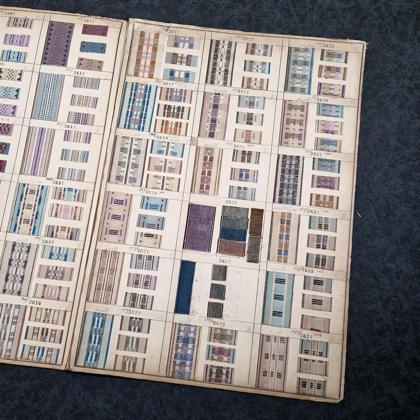 Échantillonnier textile ancien, 4 pages - motifs géométriques