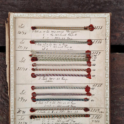 Carte de passementerie XIXe - cordons polychromes