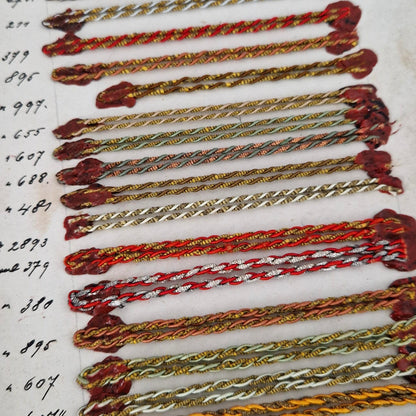 Sample board - Polychrome cords and metallic threads