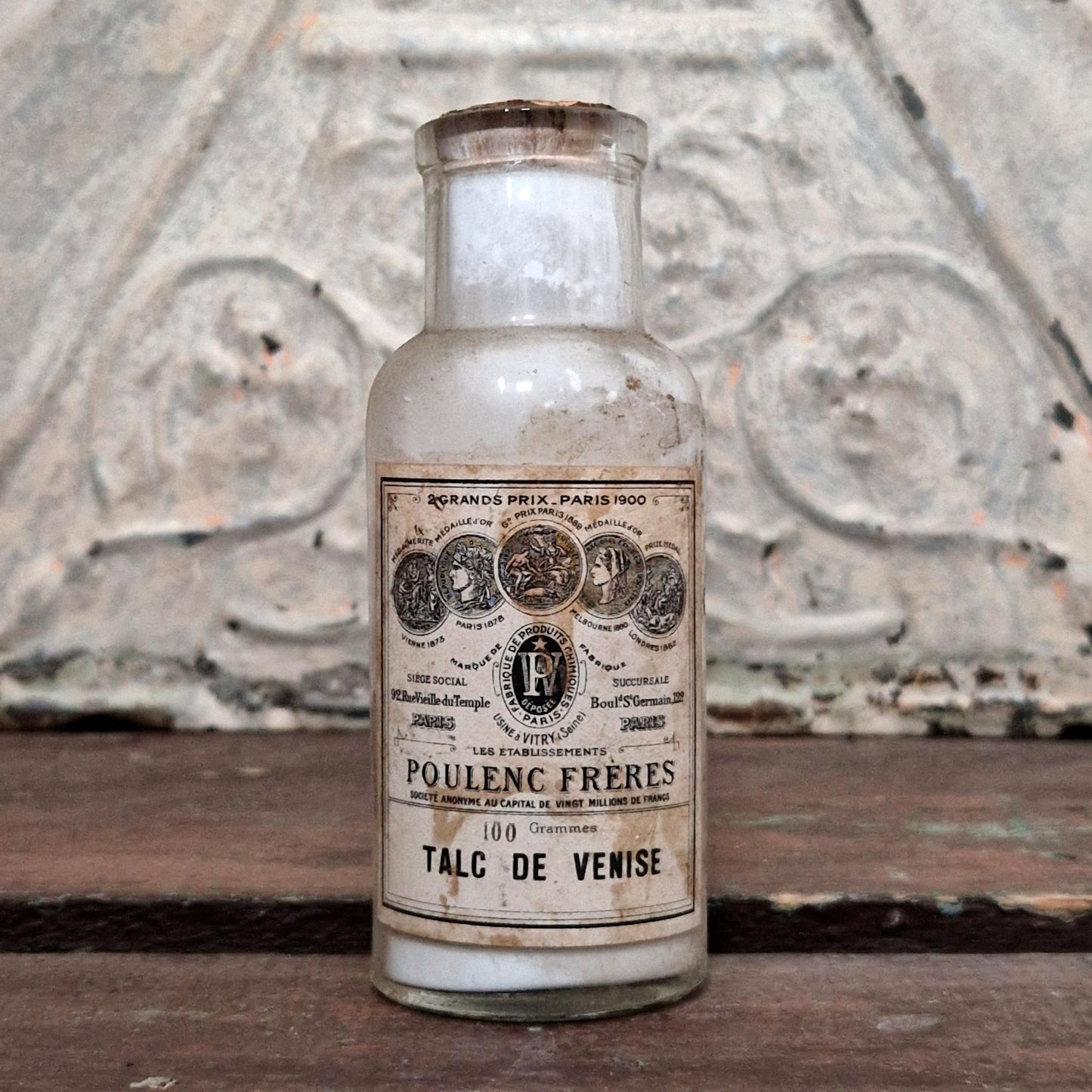 Flacon ancien « Talc de Venise Poulenc Frères », Vers 1900 (f38)