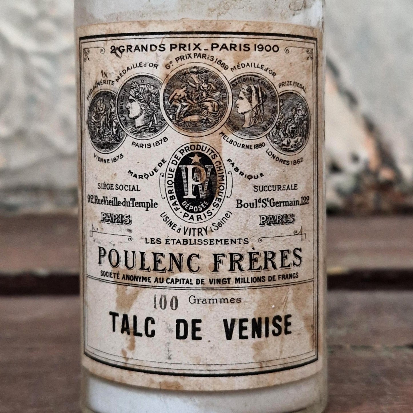 Flacon ancien « Talc de Venise Poulenc Frères », Vers 1900 (f38)