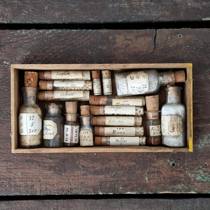 Antique box of pharmacy vials and tubes (c2)