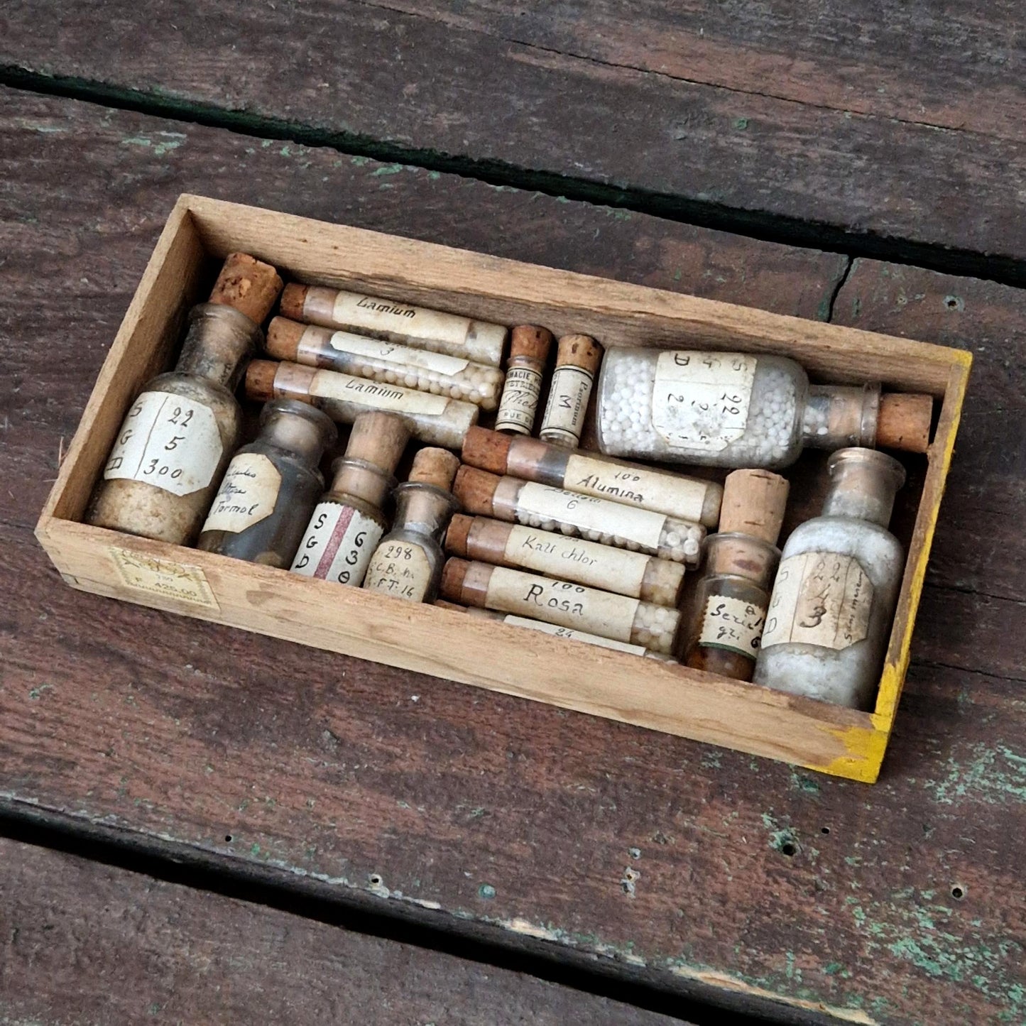 Antique box of pharmacy vials and tubes (c2)
