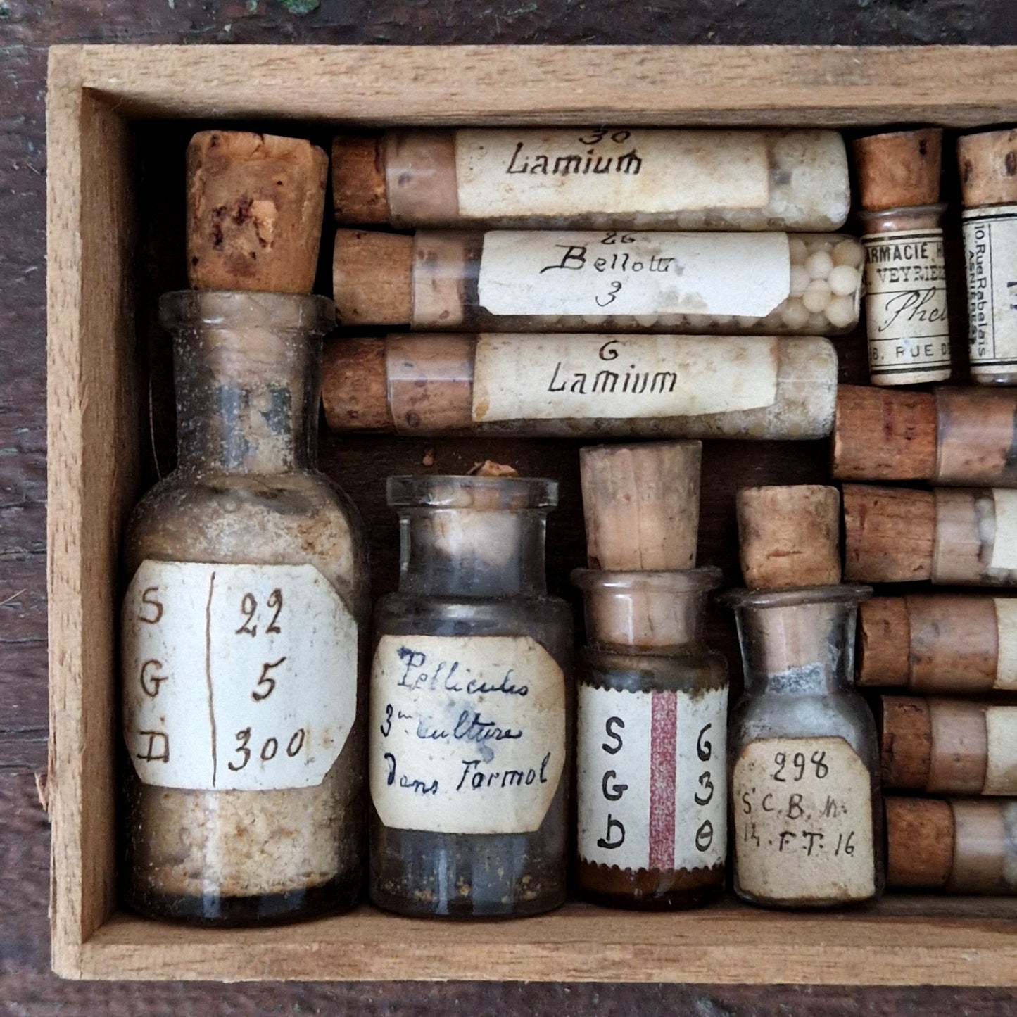 Antique box of pharmacy vials and tubes (c2)