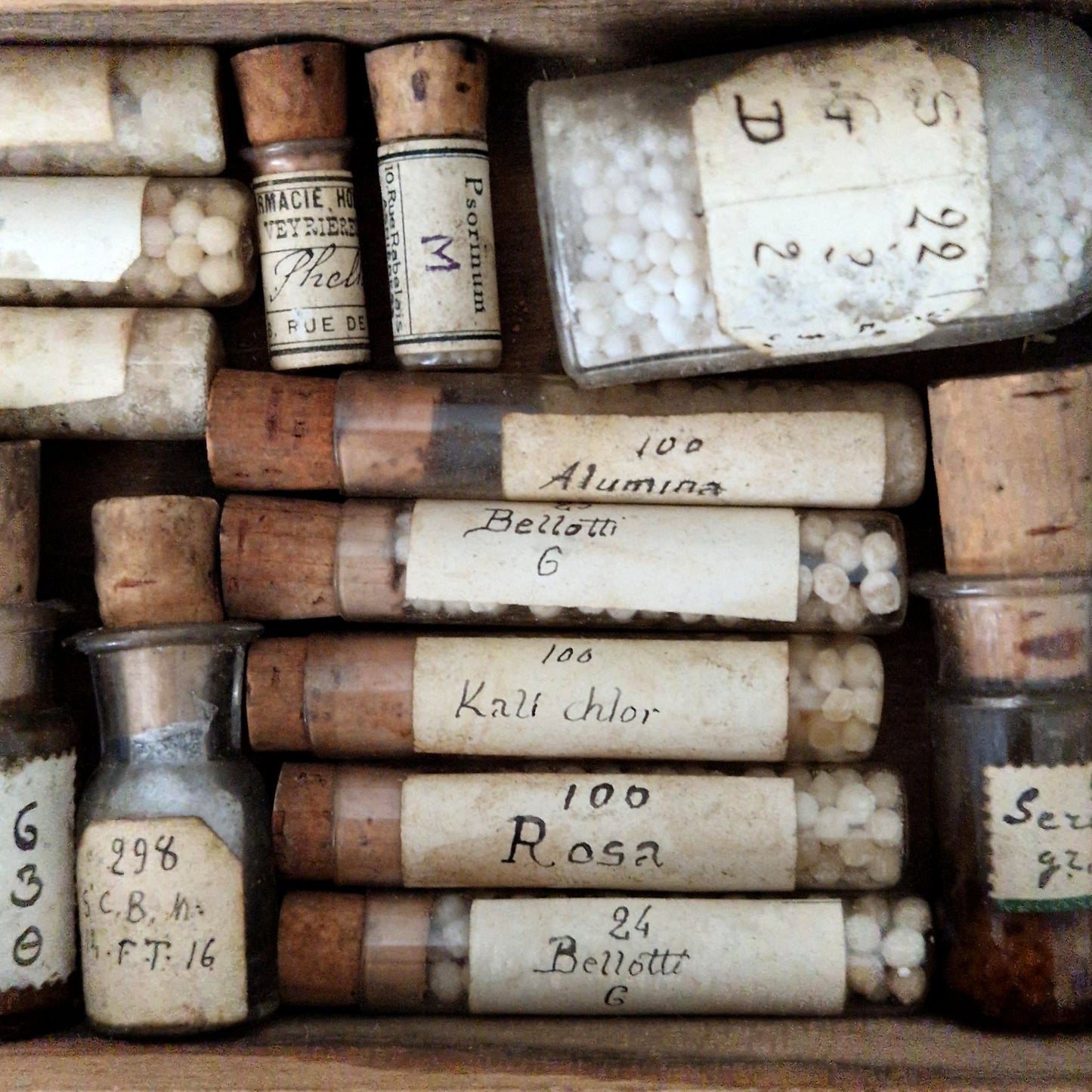 Antique box of pharmacy vials and tubes (c2)