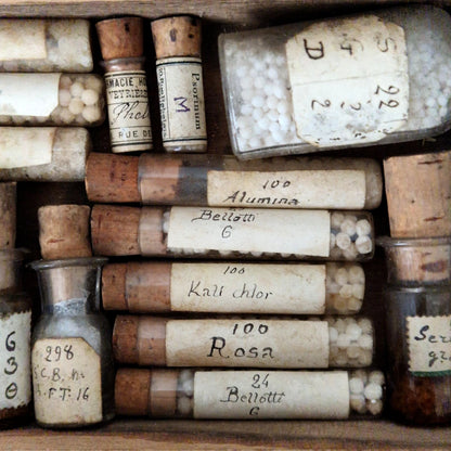 Antique box of pharmacy vials and tubes (c2)