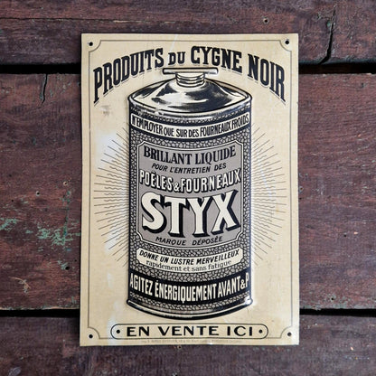 « STYX - Produits du Cygne Noir », tôle lithographiée