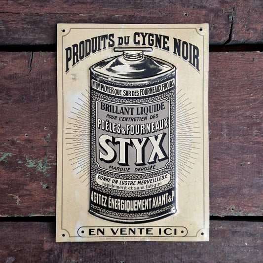 « STYX - Produits du Cygne Noir », tôle lithographiée