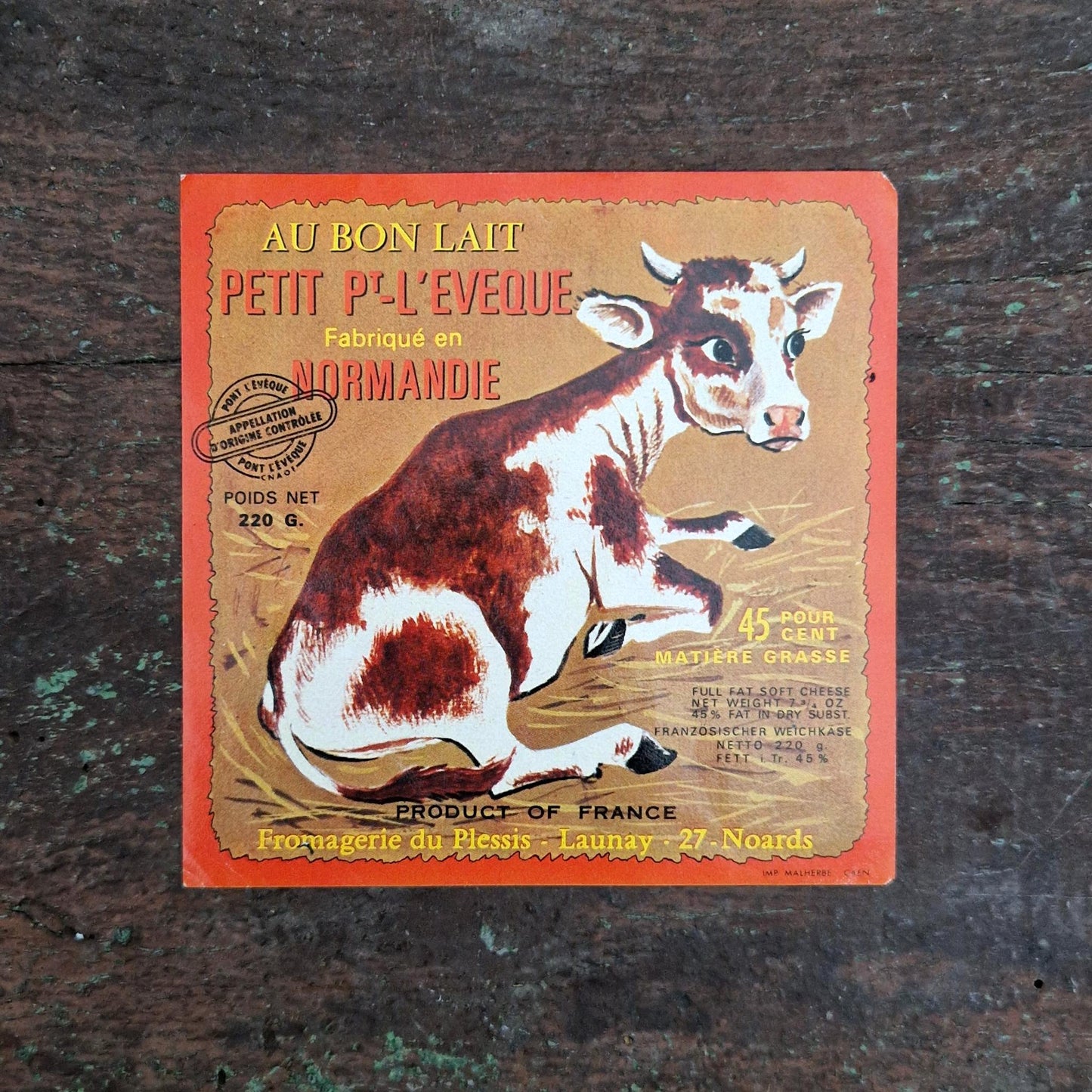 Étiquette ancienne « Petit Pont-l’Évêque - Au Bon Lait »
