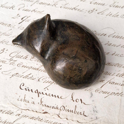 "Sleeping Cat" Figurative Paperweight - Signed Fischer Bronze