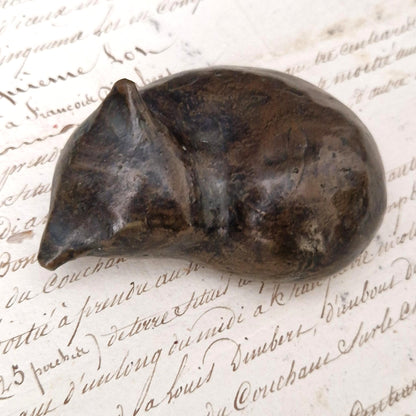 "Sleeping Cat" Figurative Paperweight - Signed Fischer Bronze