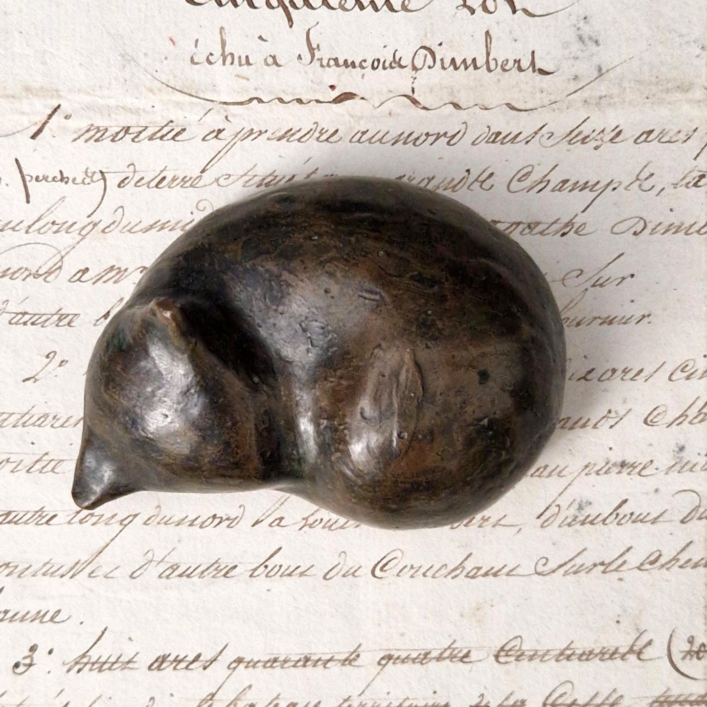 "Sleeping Cat" Figurative Paperweight - Signed Fischer Bronze