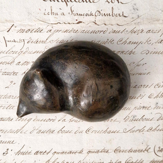 "Sleeping Cat" Figurative Paperweight - Signed Fischer Bronze