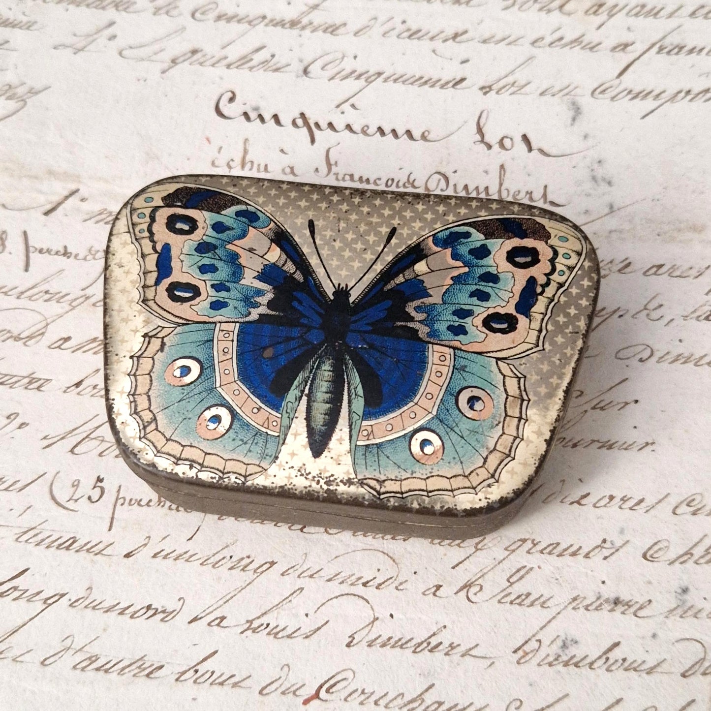 "Blue Butterfly" lithographed tin box