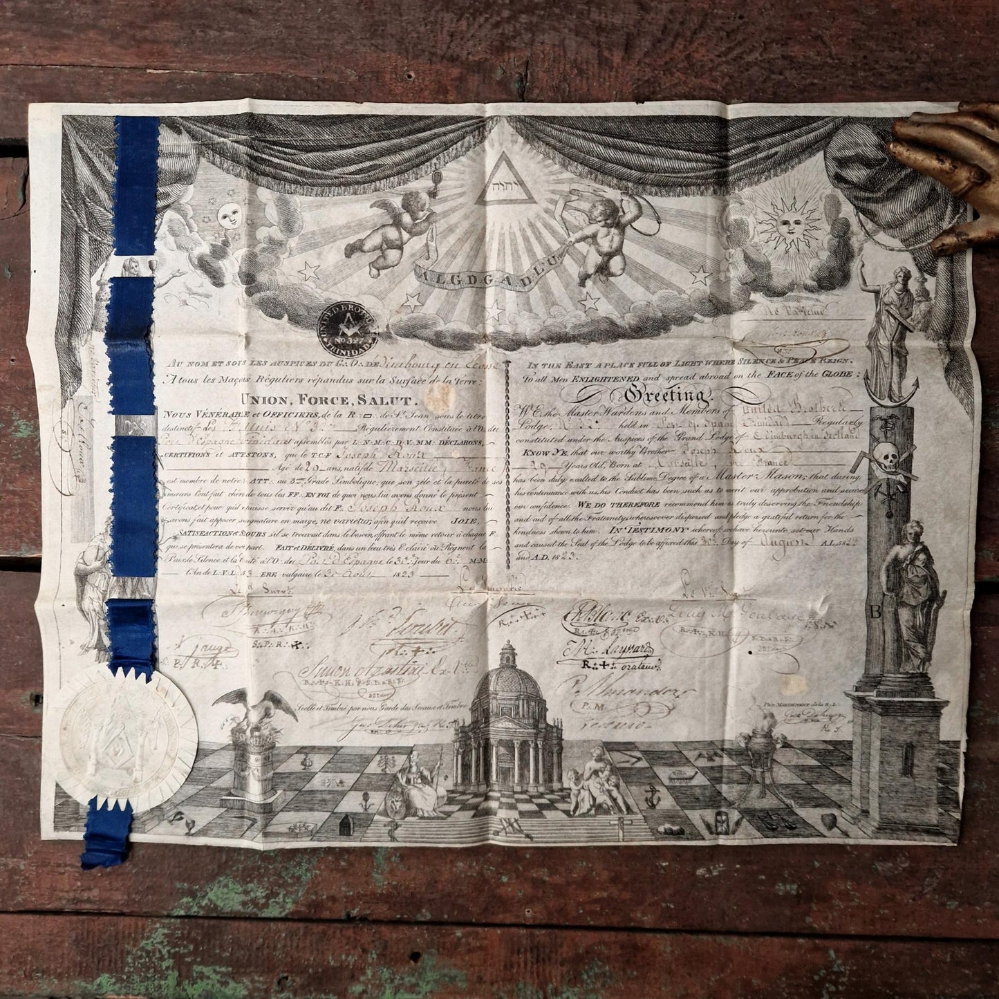Superb French / English Masonic certificate - 1823