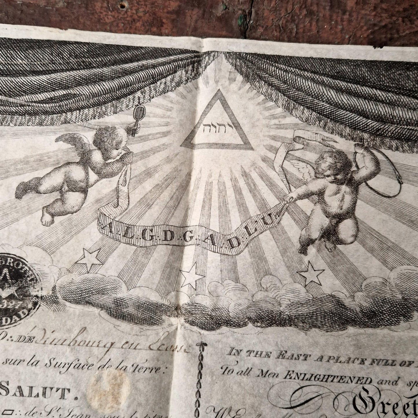 Superb French / English Masonic certificate - 1823