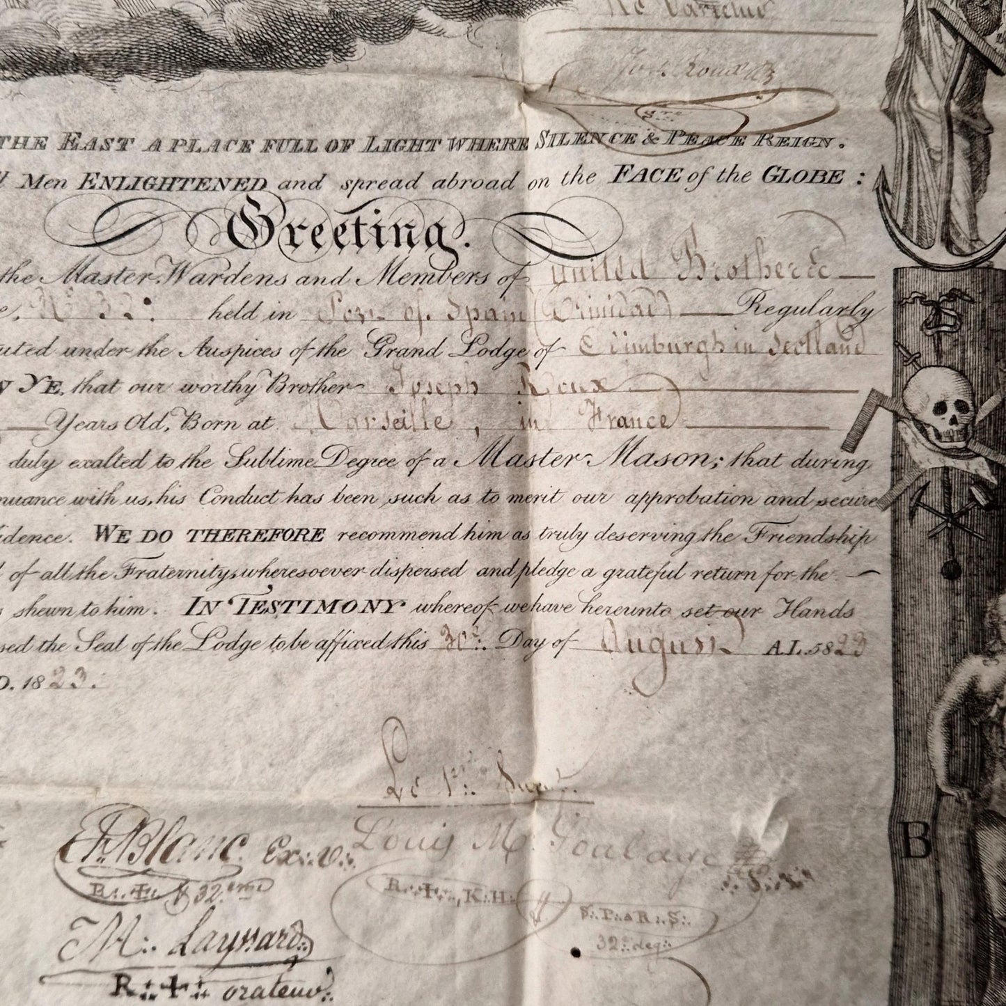 Superb French / English Masonic certificate - 1823