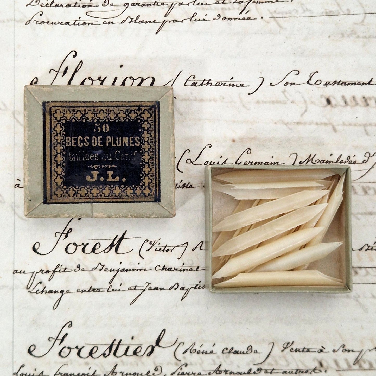 Rare boîte de becs de plumes d'oie taillés au canif - XIXe